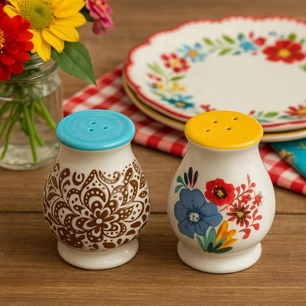 Pioneer Woman Flea Market Salt & Pepper Shakers Ceramic Floral Paisley Farmhouse